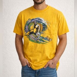 Hang Ten Graphic Surf T-Shirt Size L Yellow Vintage Style Pocket Tee Cotton